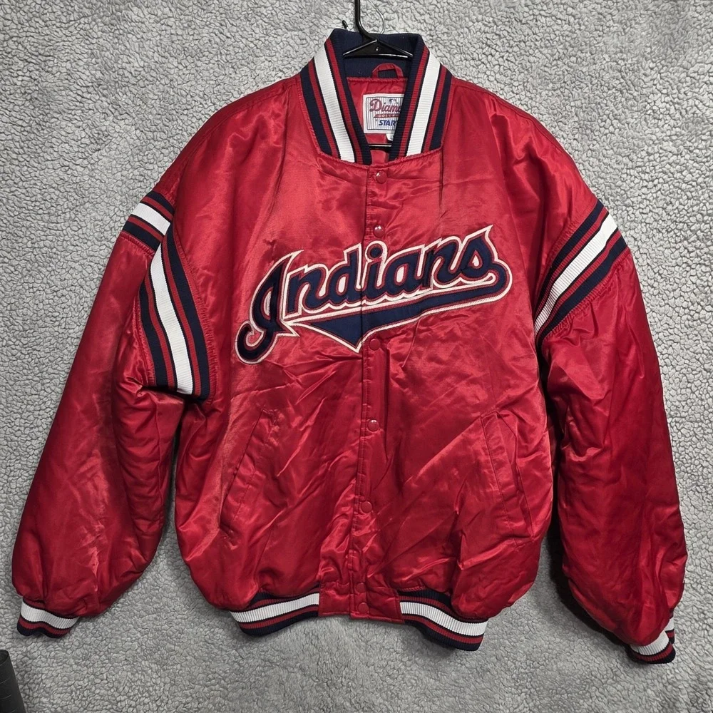 Rare VTG Cleveland Indians Starter Red Satin Jacket Diamond Collection Mens LRG